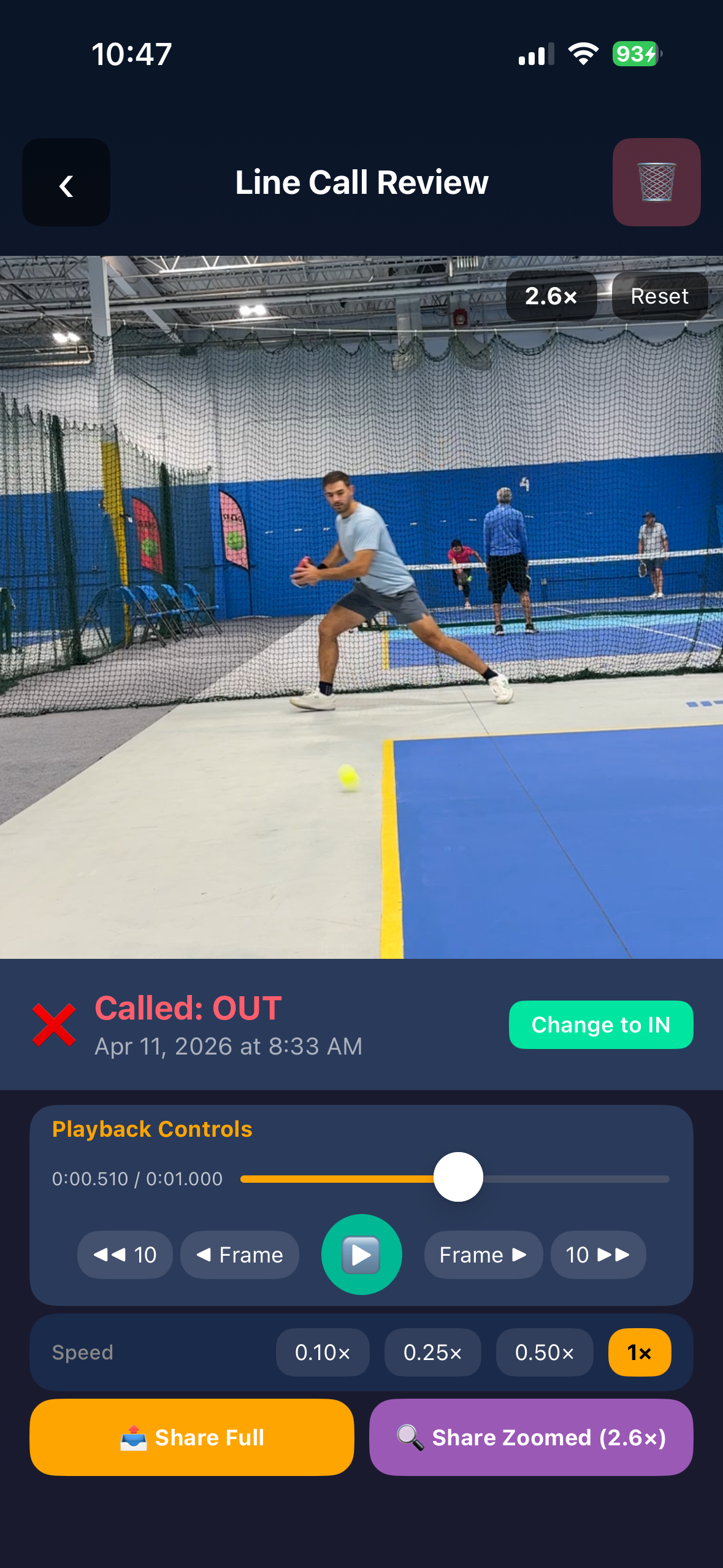 Line Call Review screen with frame-by-frame playback controls